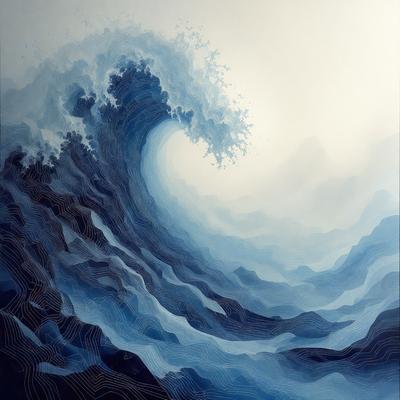 The primary subject of the image is a large wave in the ocean. The wave is depicted in a painting or drawing style, with a blue and white color scheme. The setting is the ocean, with the wave crashing against the water. The visual style suggests a creative and artistic approach to the representation of the wave.
